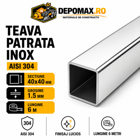 Teava patrata inox lucioasa AISI 304, 40 x 40 x 1.5 mm, 6 metri